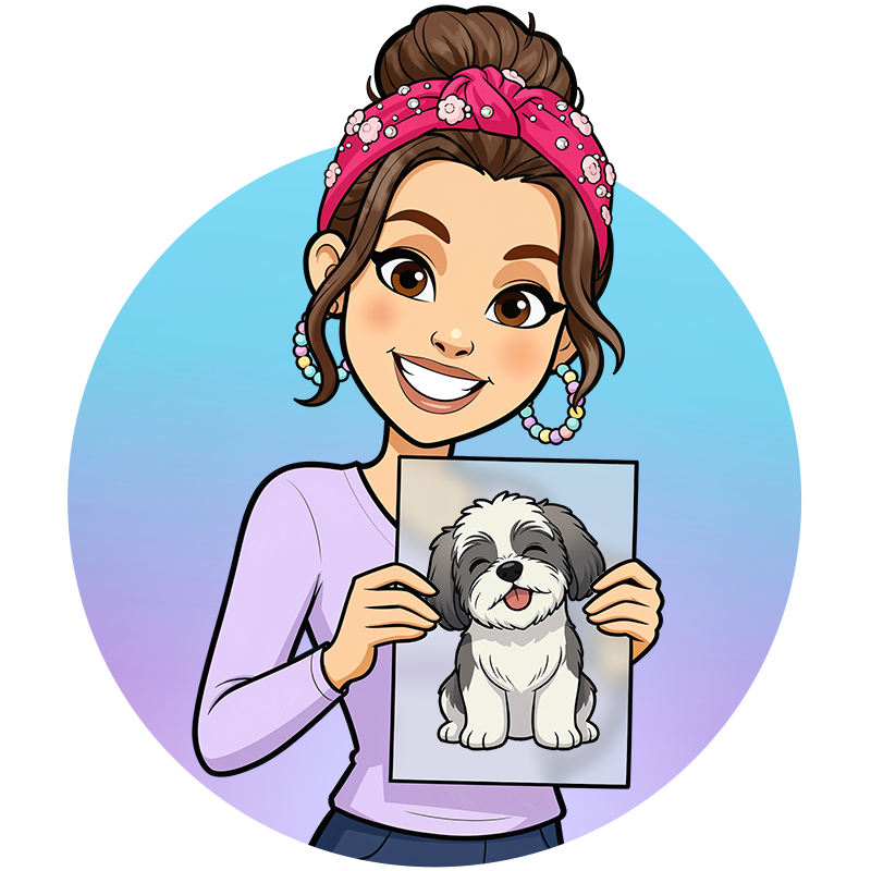 A cartoon is Crystal holding a DTF design of a dog