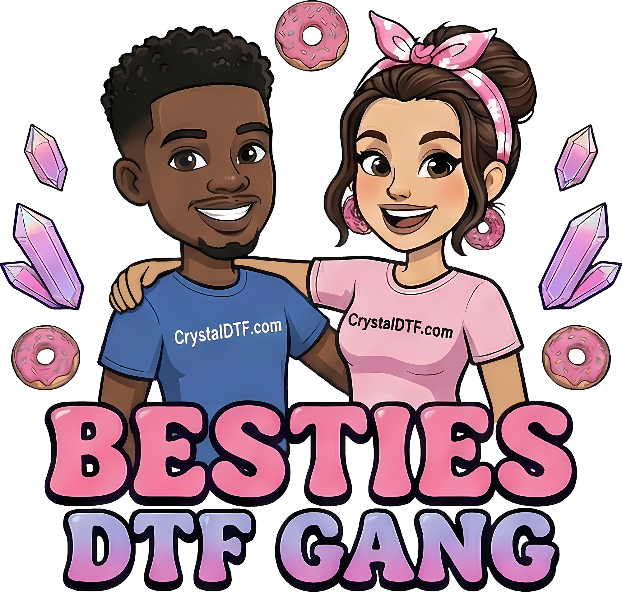 Cartoon of Crystal DTF logo with text that says Besties DTF Gang