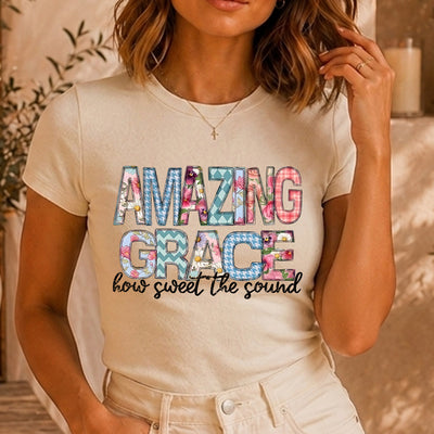 Amazing Grace Floral Patchwork DTF Transfer | Ready to Press Christian Graphic