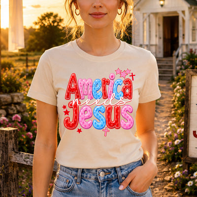 America Needs Jesus Doodle DTF Transfer | Ready to Press Christian Patriotic Graphic