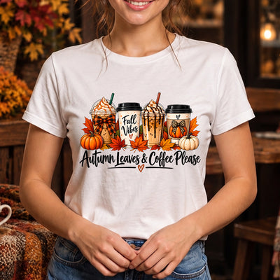 Autumn Leaves & Coffee Please Pumpkin Spice Iced Latte Bows DTF Transfer | Ready to Press Fall Graphic