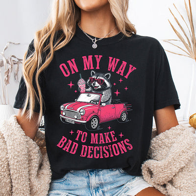 "Bad Decisions" Raccoon DTF Heat Transfer Black Knockout | Funny & Sassy Retro Design