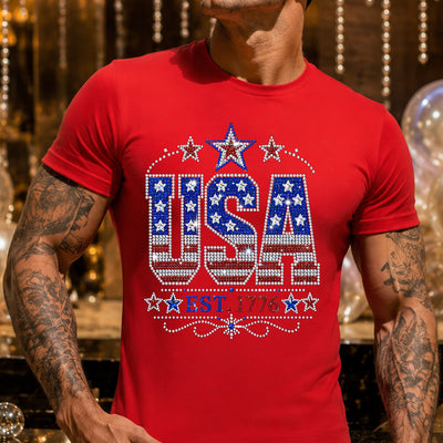 Blinging USA EST. 1776 Faux Rhinestone DTF Transfer | Ready to Press Patriotic Graphic