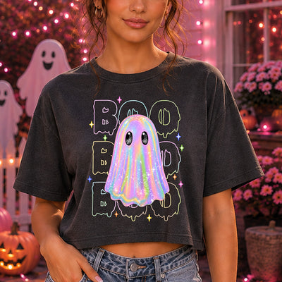 Iridescent Pastel Glitter Ghost Boo Dripping Font DTF Transfer | Ready to Press Halloween Graphic