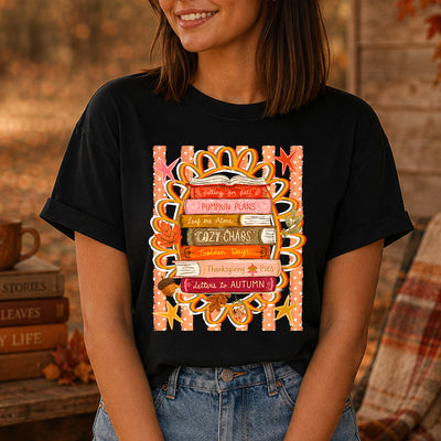 Autumn Book Stack Flower Frame Polka Dot Stripe DTF Transfer | Ready to Press Bookworm Graphic