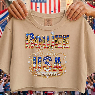 Boujee In The USA Faux Rhinestone DTF Transfer | Ready to Press Glam Patriotic Graphic