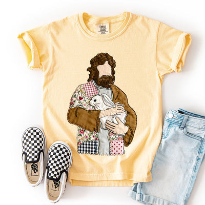 Jesus Holding Bunny Faux Patchwork DTF Transfer - Ready to Press