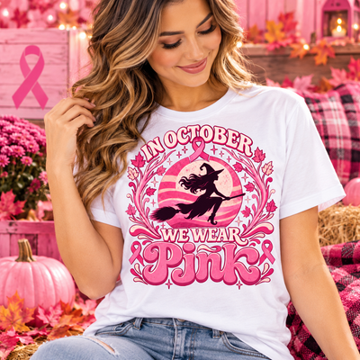 In October We Wear Pink Witch DTF Transfer | Breast Cancer Awareness Halloween Ready to Press Graphic