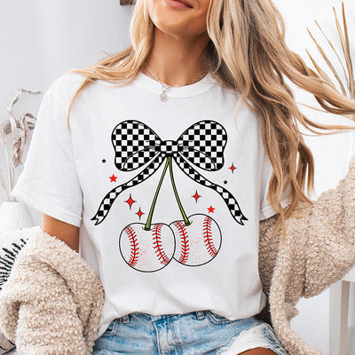 Baseball Bow Cherries DTF Transfer - Ready to Press Baseball Designs