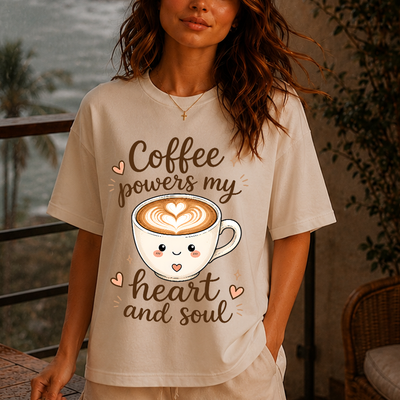 Coffee Powers My Heart and Soul Latte DTF Transfer | Ready to Press Cute Coffee Graphic