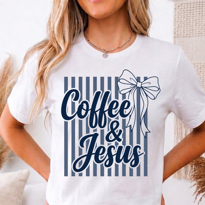 Coffee & Jesus Blue Striped Bow DTF Transfer | Ready to Press Christian Coquette Design