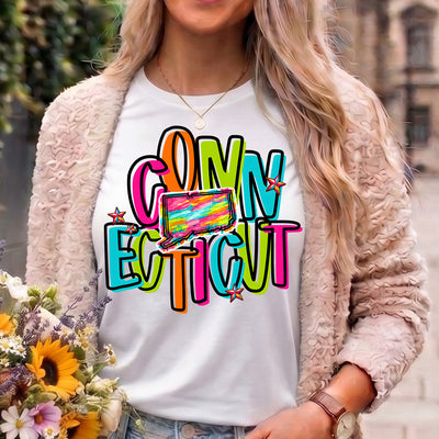 Neon Retro Connecticut State Pride DTF Transfer | Ready to Press Colorful Graphic