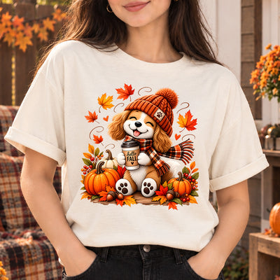 Cute Puppy Hello Fall Beanie Scarf Pumpkin Coffee DTF Transfer | Ready to Press Autumn Dog Graphic