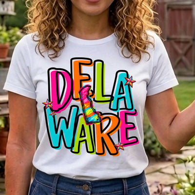 Delaware Retro Neon State DTF Transfer | Ready to Press Colorful Graphic
