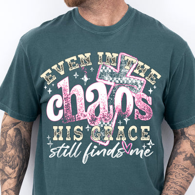 Even In The Chaos His Grace Still Finds Me Christian DTF Transfer | Ready to Press Checkered Cross Design