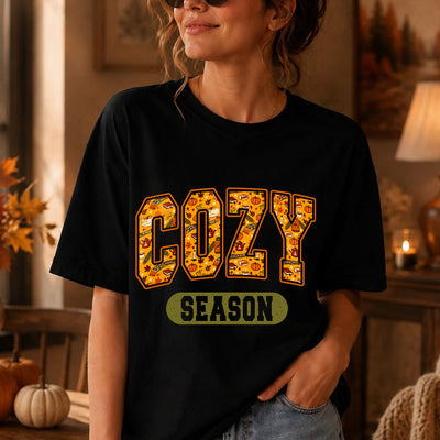 Cozy Season Autumn Pattern Varsity Letters DTF Transfer | Ready to Press Fall Graphic