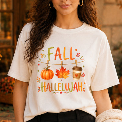 Fall Hallelujah Pumpkin Maple Leaf Coffee Clothesline DTF Transfer | Ready to Press Christian Faith Graphic