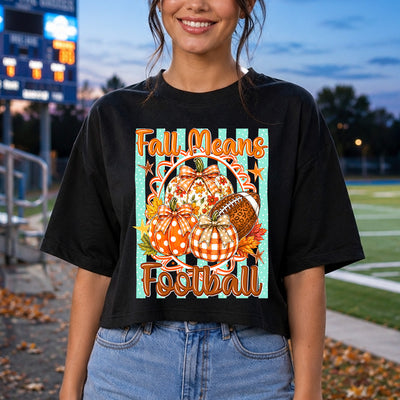 Fall Means Football Patterned Pumpkins & Bows DTF Transfer | Ready to Press Game Day Graphic