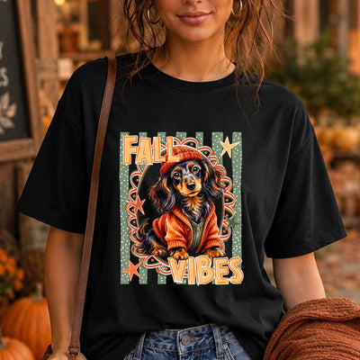 Fall Vibes Cozy Sweater Dachshund Dog Polka Dot Stripe DTF Transfer | Ready to Press Autumn Graphic