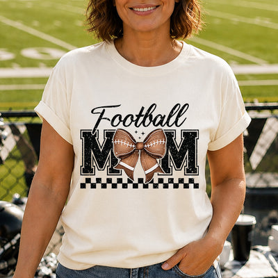 Football Mom Bow Checkered Varsity Script DTF Transfer | Ready to Press Game Day Graphic