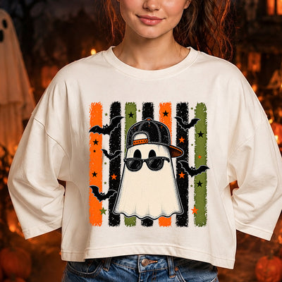 Cool Ghost Sunglasses Backwards Cap Halloween Brush Stripes DTF Transfer | Ready to Press Spooky Graphic