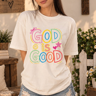 God Is Good Pastel Hand Drawn Doodle Typography Smiley Face Ribbon Star DTF Transfer | Ready to Press Christian Graphic