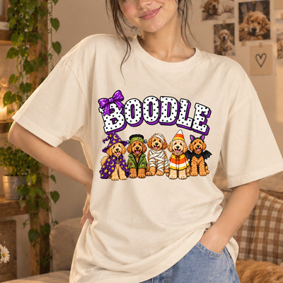 BOODLE Halloween Costumed Goldendoodles Polka Dot Letters DTF Transfer | Ready to Press Spooky Dog Graphic