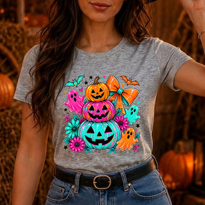 Pastel Halloween Stacked Pumpkins & Ghosts DTF Transfer | Ready to Press Cute Spooky Graphic