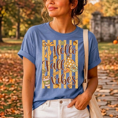Hello Fall Vibes Polka Dot Stripe Pumpkin Spice Coffee DTF Transfer | Ready to Press Autumn Graphic
