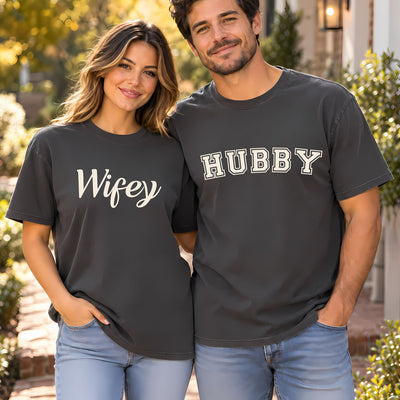 Hubby & Wifey Matching Couple Wedding DTF Transfers (Varsity & Script)