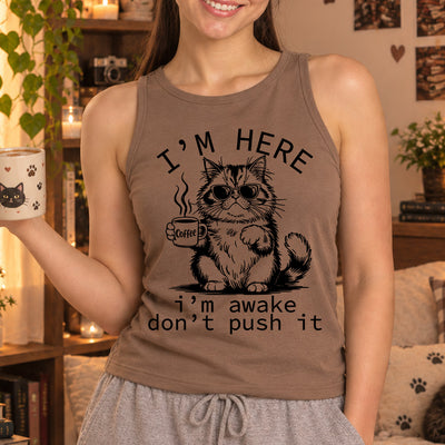 I'm Here I'm Awake Don't Push It Grumpy Cat Coffee Sunglasses DTF Transfer | Ready to Press Sarcastic Graphic