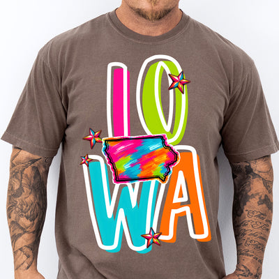 Iowa Retro Neon State DTF Transfer | Ready to Press Colorful Graphic