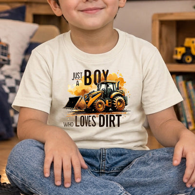 Just A Boy Who Loves Dirt Yellow Digger Backhoe Construction DTF Transfer | Ready to Press Toddler & Youth Graphic