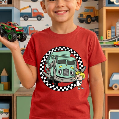 Cute Garbage Truck & Boy Checkerboard DTF Transfer | Ready to Press Kids Graphic
