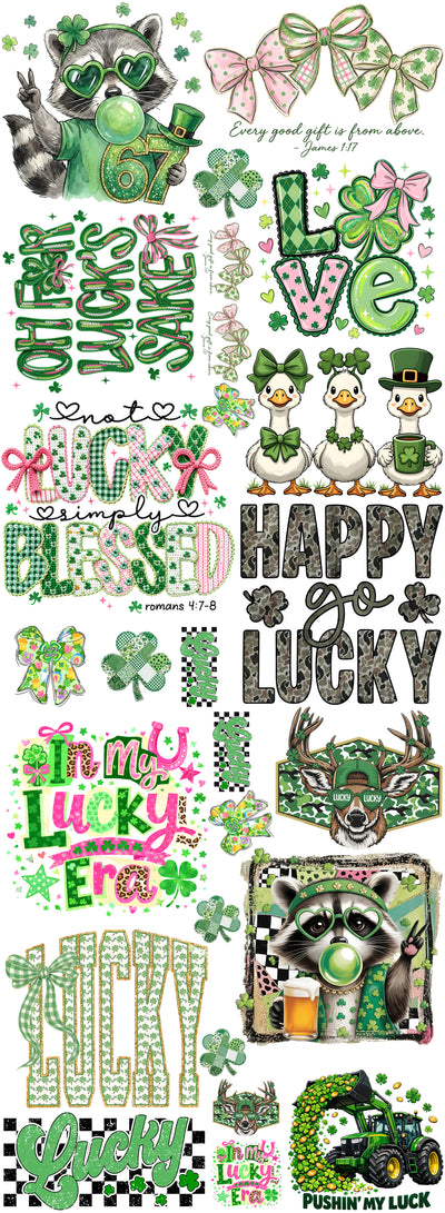 St. Patrick’s Day DTF Gang Sheet - Ready to Press Transfers - Lucky Charm Raccoons, Ducks & Bows