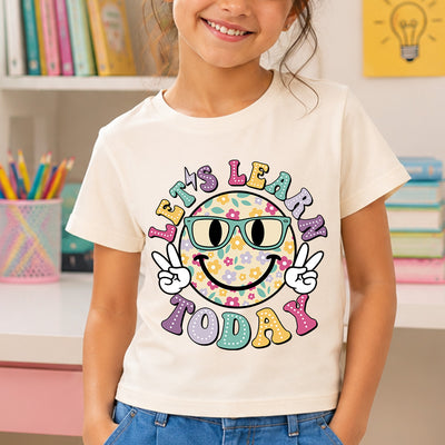 Let's Learn Today Retro Floral Smiley DTF Transfer | Ready to Press Back to School Graphic