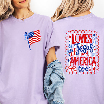 Loves Jesus and America Too Preppy Coquette DTF Transfer | Ready to Press Patriotic Christian Graphic