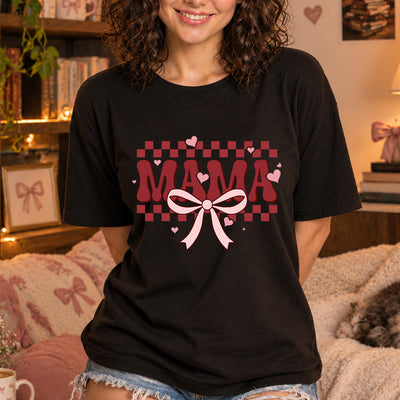 Mama Retro Groovy Typography Pink Bow Checkered Heart DTF Transfer | Ready to Press Coquette Mom Graphic
