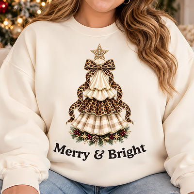 Merry and Bright Leopard Plaid Ruffle Christmas Tree DTF Transfer