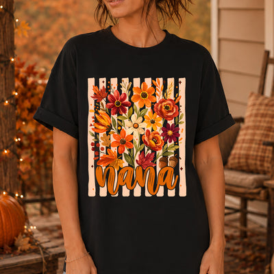Fall Floral Bouquet Stripes Family Title (Mama, Gigi, Mimi, Nana) DTF Transfer | Ready to Press Autumn Graphic