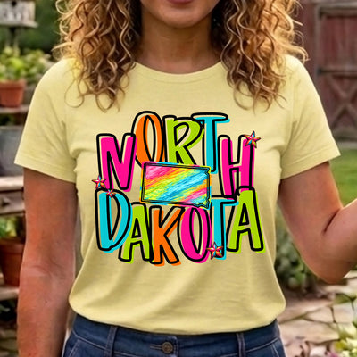 North Dakota Retro Neon State DTF Transfer | Ready to Press Colorful Graphic