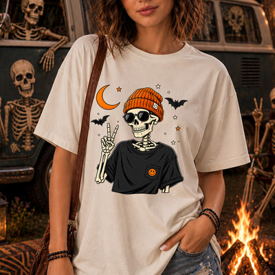 Peace Out Cool Skeleton Orange Beanie Sunglasses Crescent Moon DTF Transfer | Ready to Press Halloween Graphic