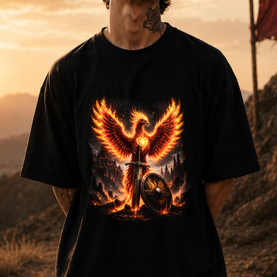 Fiery Phoenix Rising Sword & Shield Dark Fantasy DTF Transfer | Ready to Press Warrior Graphic