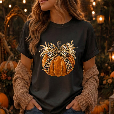 Velvet Pumpkin Leopard Animal Print Bow DTF Transfer | Ready to Press Autumn Graphic