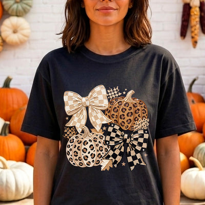 Neutral Leopard Pumpkin Checkered Bow Collage DTF Transfer | Ready to Press Fall Graphic