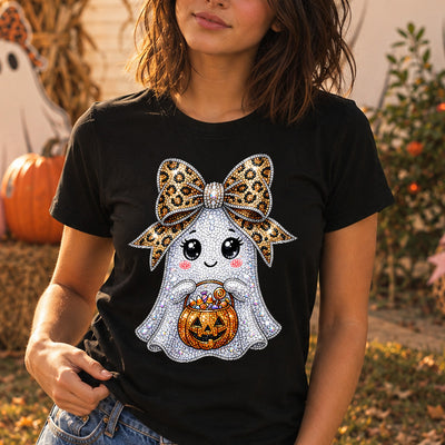 Faux Rhinestone Cute Ghost Cheetah Print Bow Jack-O-Lantern DTF Transfer | Ready to Press Bling Halloween Graphic