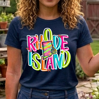 Rhode Island Retro Neon State DTF Transfer | Ready to Press Colorful Graphic