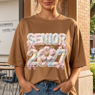 Senior 2027 Coquette Floral Patch Bow DTF Transfer | Ready to Press Graduation Graphic