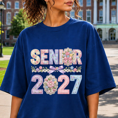 Senior 2027 Floral Coquette Embroidered Look DTF Transfer | Ready to Press Graduation Graphic