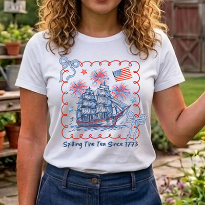 Spilling The Tea Since 1773 Coquette Patriotic DTF Transfer | Ready to Press Americana Graphic